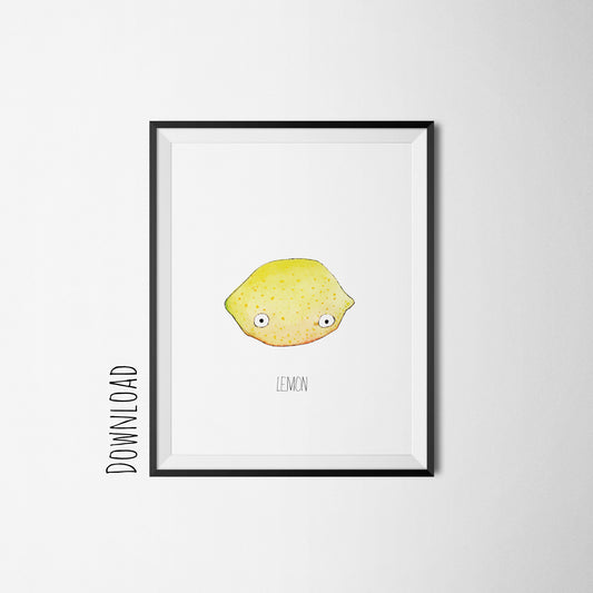 Kinderzimmer Kunstdruck Zitrone mit Augen - Süßes minimalistisches Früchte Bild, Lemon, sofort Download, Illustration Poster, Aquarell Druck